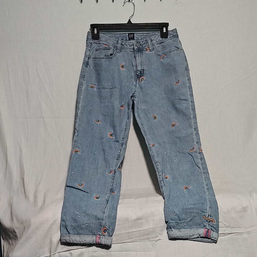 Embroidered Blue Jeans. This is a pair of Gap Kids Rainbow Girlfriend Jeans.